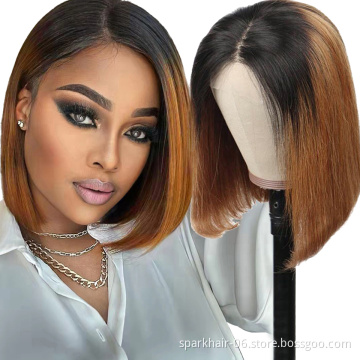 Virgin Cuticle Aligned Brazilian Ombre Honey Brown Short Bob Lace Front Wig Straight Transparent HD Lace Human Hair Wigs Vendors